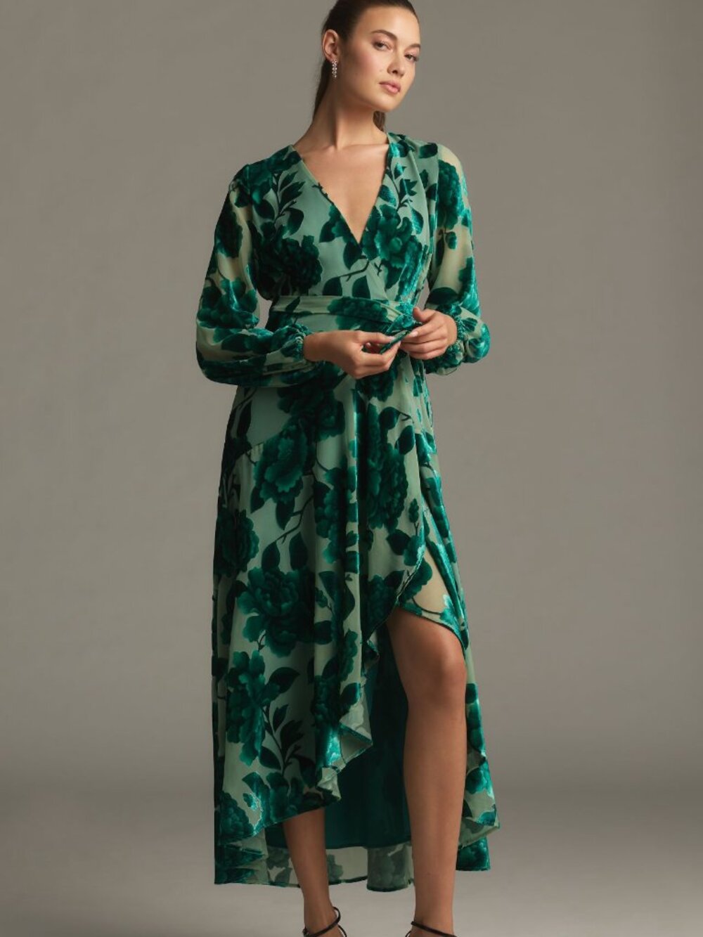 New Anthropologie Hutch Long-Sleeve V-Neck Wrap Midi Dress Velvet Green NWT